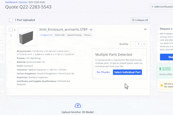 Animated GIF demonstrating quoting part with inserts