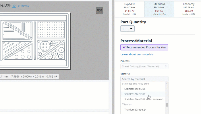 Animated graphic of choosing sheet cutting thickness in Xometry instant quoting engine